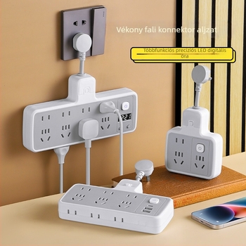 Többfunkciós hosszabbító több aljzattal és USB-portokkal, digitális kijelzővel ellátott óra, intelligens dugalj és éjjeli fény