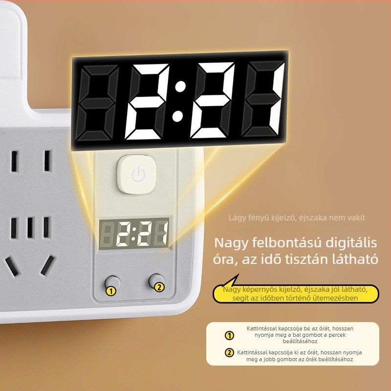 Többfunkciós hosszabbító több aljzattal és USB-portokkal, digitális kijelzővel ellátott óra, intelligens dugalj és éjjeli fény