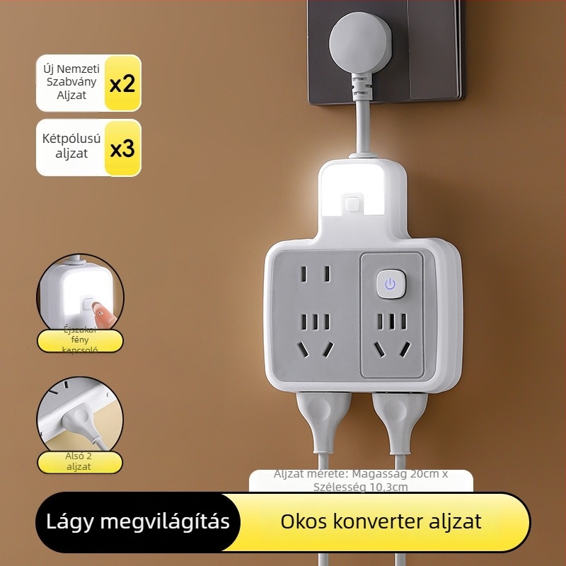 Többfunkciós hosszabbító több aljzattal és USB-portokkal, digitális kijelzővel ellátott óra, intelligens dugalj és éjjeli fény