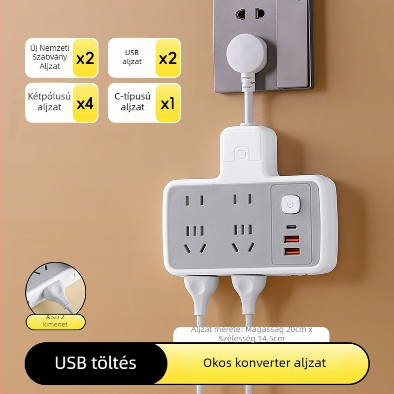 Többfunkciós hosszabbító több aljzattal és USB-portokkal, digitális kijelzővel ellátott óra, intelligens dugalj és éjjeli fény