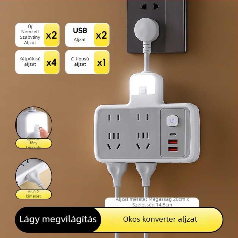 Többfunkciós hosszabbító több aljzattal és USB-portokkal, digitális kijelzővel ellátott óra, intelligens dugalj és éjjeli fény