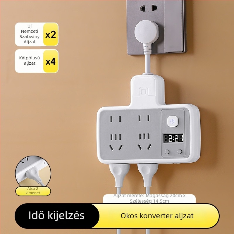 Többfunkciós hosszabbító több aljzattal és USB-portokkal, digitális kijelzővel ellátott óra, intelligens dugalj és éjjeli fény