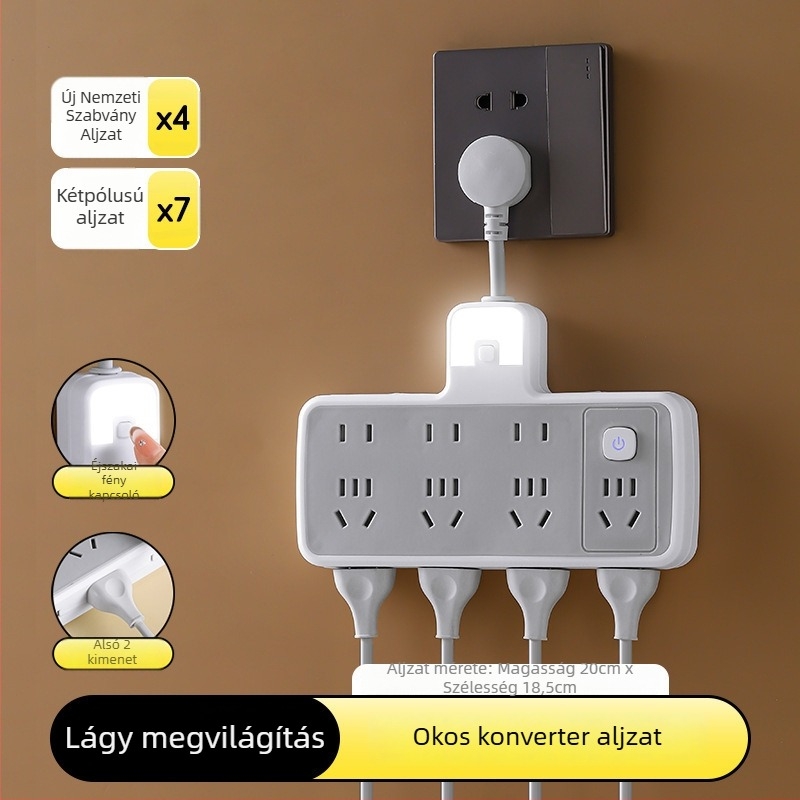 Többfunkciós hosszabbító több aljzattal és USB-portokkal, digitális kijelzővel ellátott óra, intelligens dugalj és éjjeli fény