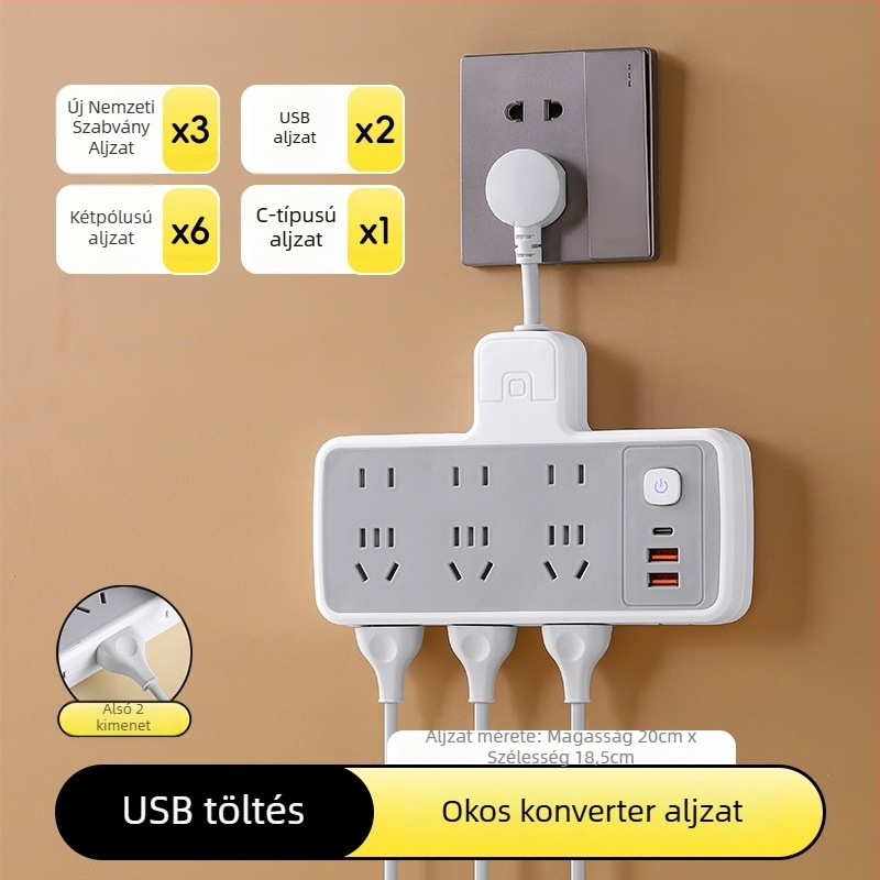 Többfunkciós hosszabbító több aljzattal és USB-portokkal, digitális kijelzővel ellátott óra, intelligens dugalj és éjjeli fény