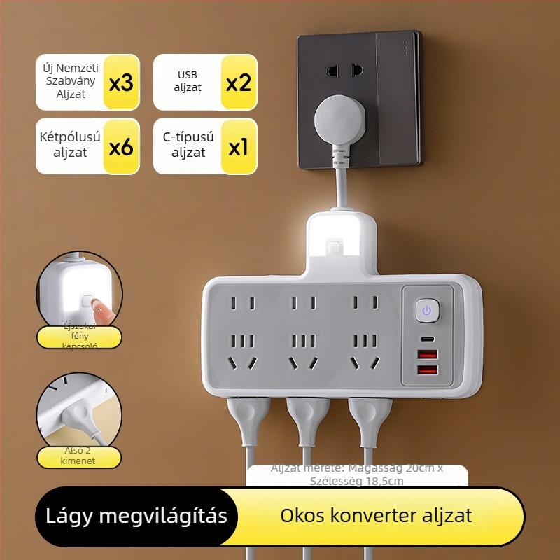 Többfunkciós hosszabbító több aljzattal és USB-portokkal, digitális kijelzővel ellátott óra, intelligens dugalj és éjjeli fény