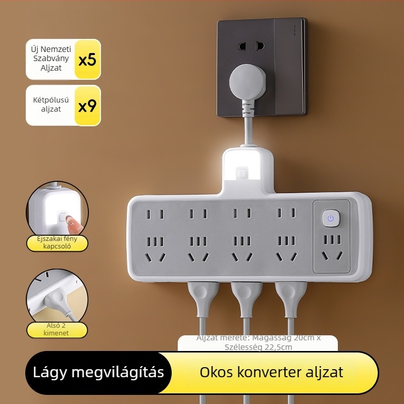 Többfunkciós hosszabbító több aljzattal és USB-portokkal, digitális kijelzővel ellátott óra, intelligens dugalj és éjjeli fény