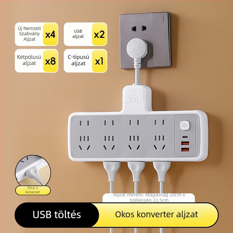 Többfunkciós hosszabbító több aljzattal és USB-portokkal, digitális kijelzővel ellátott óra, intelligens dugalj és éjjeli fény