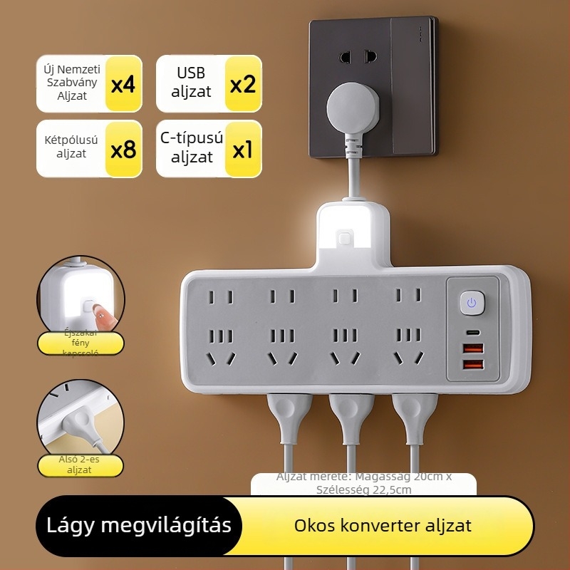 Többfunkciós hosszabbító több aljzattal és USB-portokkal, digitális kijelzővel ellátott óra, intelligens dugalj és éjjeli fény
