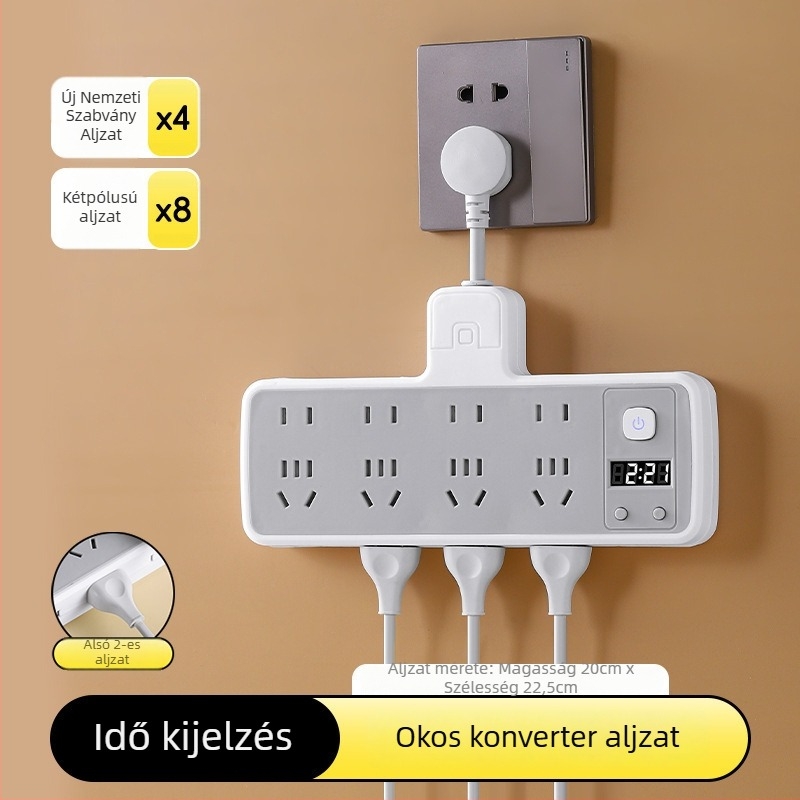 Többfunkciós hosszabbító több aljzattal és USB-portokkal, digitális kijelzővel ellátott óra, intelligens dugalj és éjjeli fény