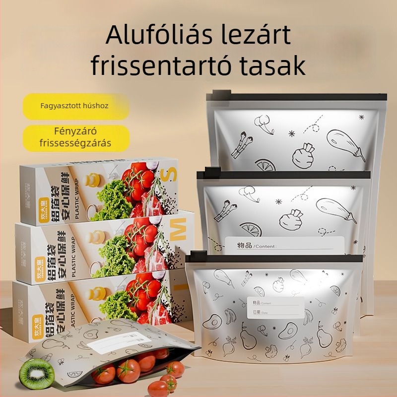 Alumíniumfóliás frissességmegőrző zacskók háztartási hűtőhöz, légmentesen záródó zacskók fagyasztott hús számára