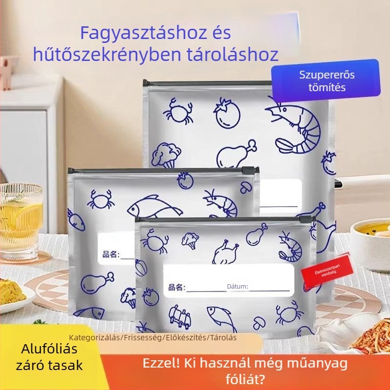Alumíniumfóliás frissességmegőrző zacskók háztartási hűtőhöz, légmentesen záródó zacskók fagyasztott hús számára