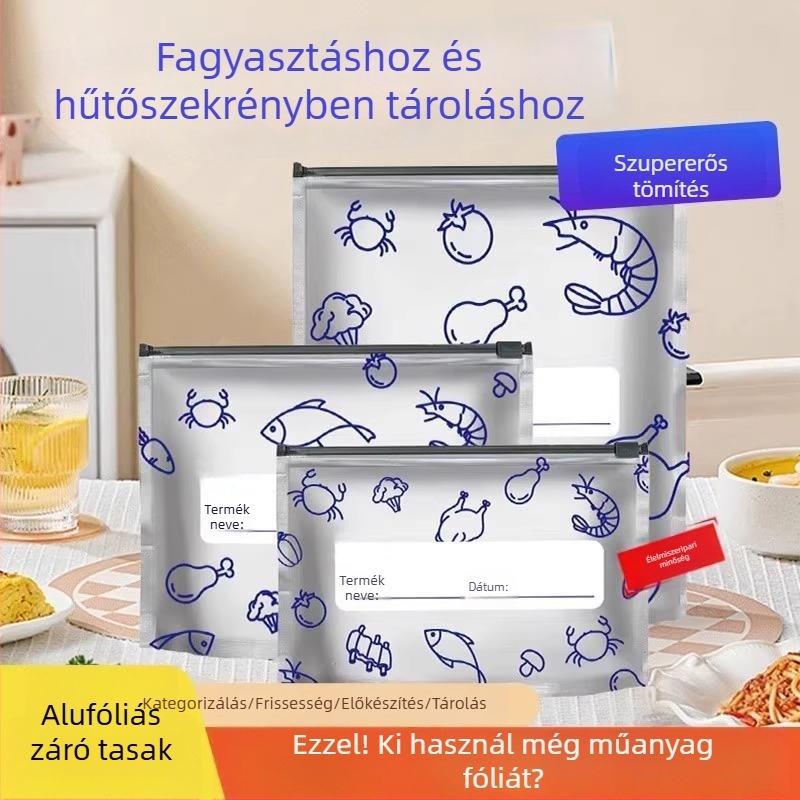 Alumíniumfóliás frissességmegőrző zacskók háztartási hűtőhöz, légmentesen záródó zacskók fagyasztott hús számára
