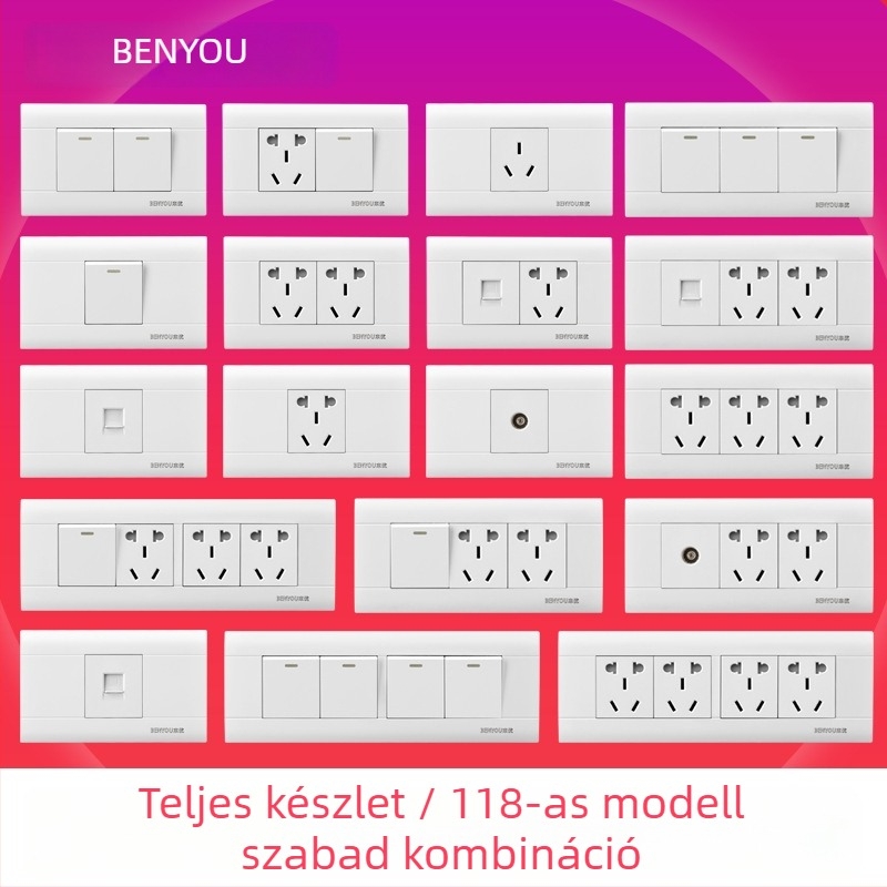 118-as típusú moduláris falba süllyeszthető kapcsolópanel 1–4 pozícióval és dugaszoló aljzatokkal háztartási használatra