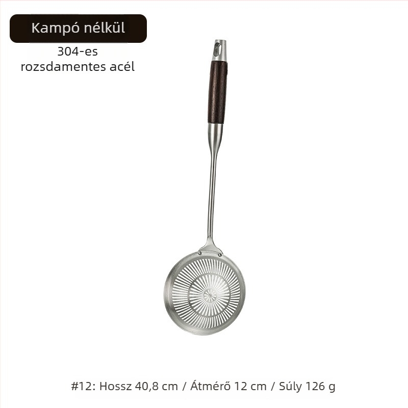 Rozsdamentes acél szűrőkanál kampóval, nagy háló, égés elleni védelem, fa fogantyúval