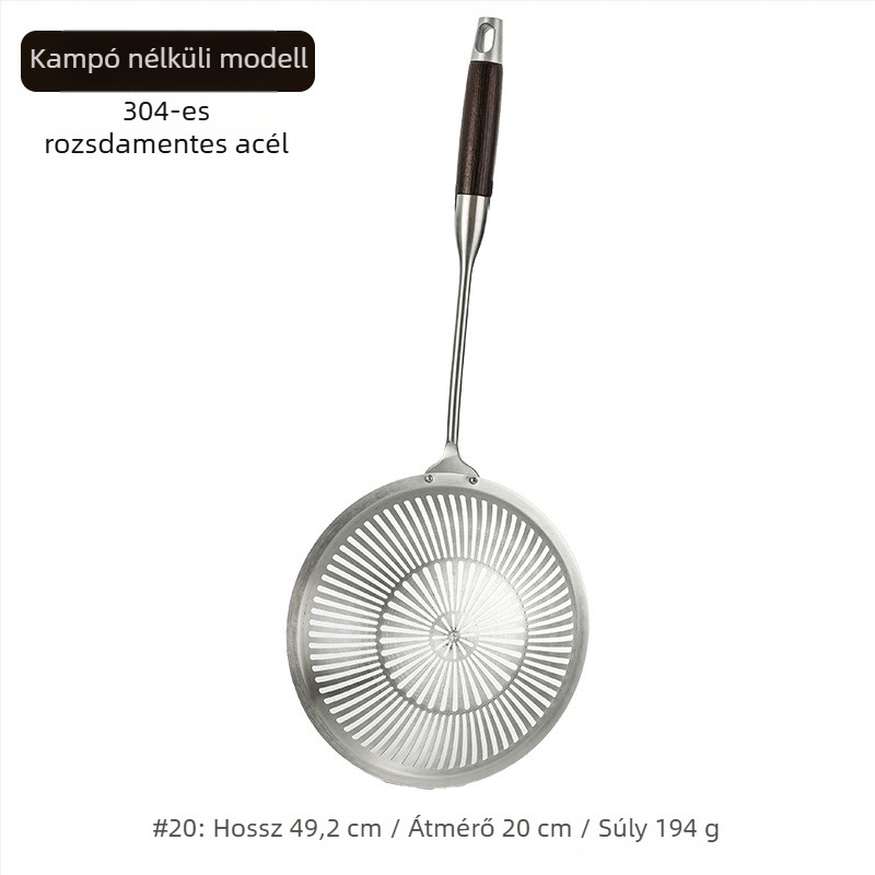 Rozsdamentes acél szűrőkanál kampóval, nagy háló, égés elleni védelem, fa fogantyúval