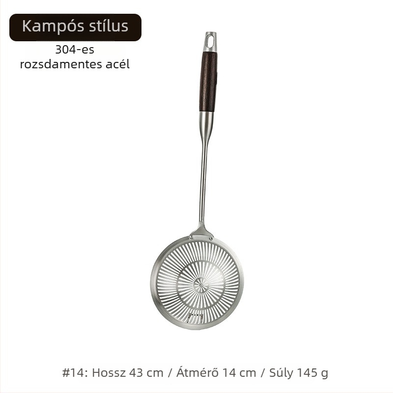 Rozsdamentes acél szűrőkanál kampóval, nagy háló, égés elleni védelem, fa fogantyúval