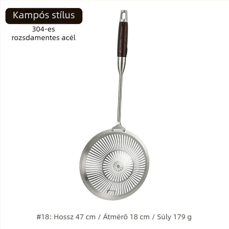 Rozsdamentes acél szűrőkanál kampóval, nagy háló, égés elleni védelem, fa fogantyúval