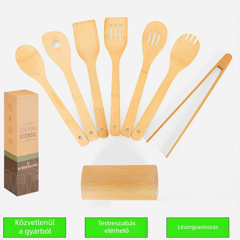 Bambusz konyhai eszközök 8 darabos készlet: tapadásmentes spatulák, leveskanál, serpenyőforgató spatula és hosszú nyél