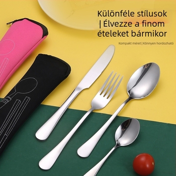 Rozsdamentes acélból készült hét részes asztali étkészlet szabadban, kempingezéshez: kés, villa, kanál, evőpálcika és szívószál