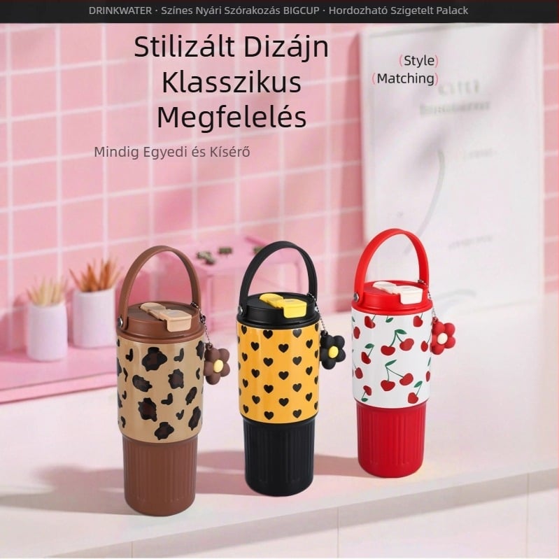 316 rozsdamentes acélból készült szigetelt pohár fogantyúval, nagy kapacitású, autóhoz, dupla szívószállal