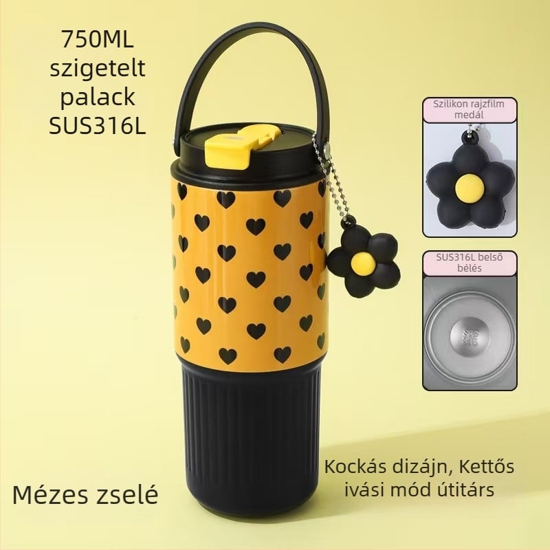 316 rozsdamentes acélból készült szigetelt pohár fogantyúval, nagy kapacitású, autóhoz, dupla szívószállal