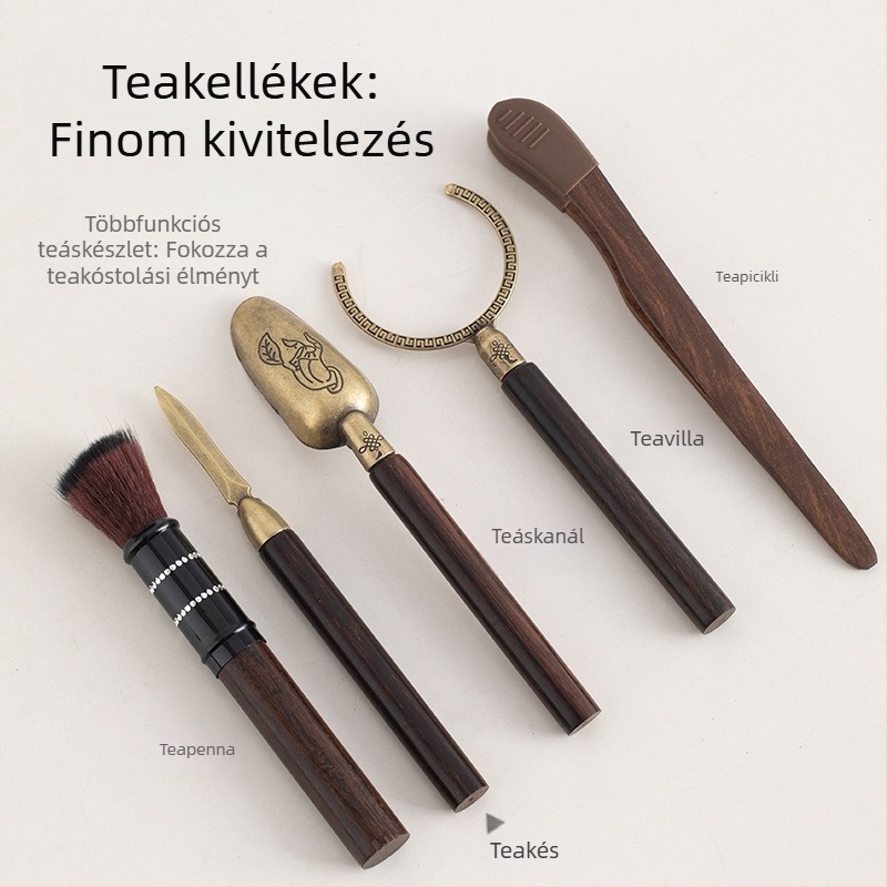 Teaceremónia kiegészítőinek készlet: teljes készlet teázási eszközökkel, teaszűrő, ecset, csipesz és olló.