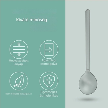 Egyszer használatos műanyag kanál, opál matt felületű, vastagított kivitel, hosszú nyele és kerek fejű, egyenként csomagolva