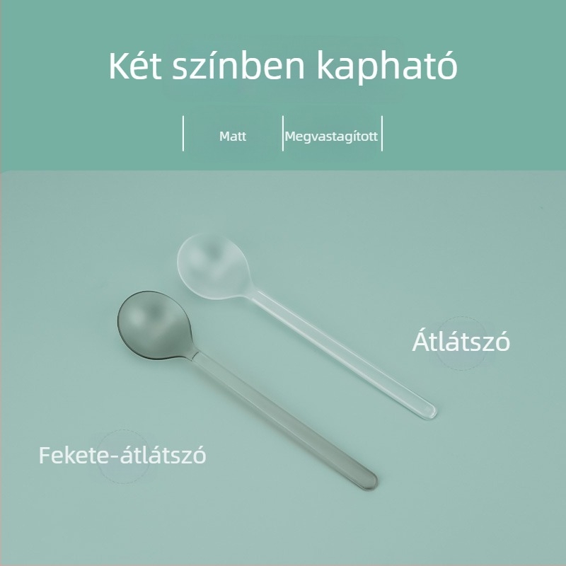 Egyszer használatos műanyag kanál, opál matt felületű, vastagított kivitel, hosszú nyele és kerek fejű, egyenként csomagolva