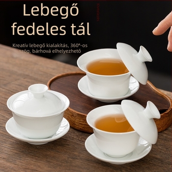 Fehér Dehua porcelánból készült fedeles teás tál, sancai glazúrral, kung fu tea szertartáshoz