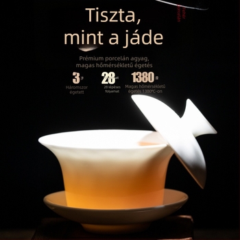 Fehér Dehua porcelánból készült fedeles teás tál, sancai glazúrral, kung fu tea szertartáshoz