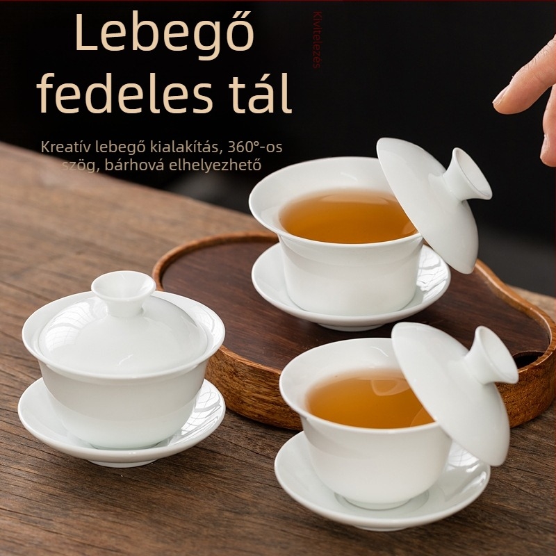 Fehér Dehua porcelánból készült fedeles teás tál, sancai glazúrral, kung fu tea szertartáshoz