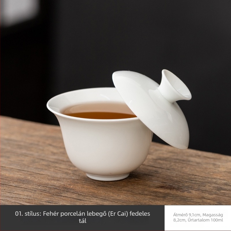 Fehér Dehua porcelánból készült fedeles teás tál, sancai glazúrral, kung fu tea szertartáshoz