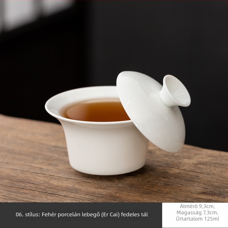 Fehér Dehua porcelánból készült fedeles teás tál, sancai glazúrral, kung fu tea szertartáshoz