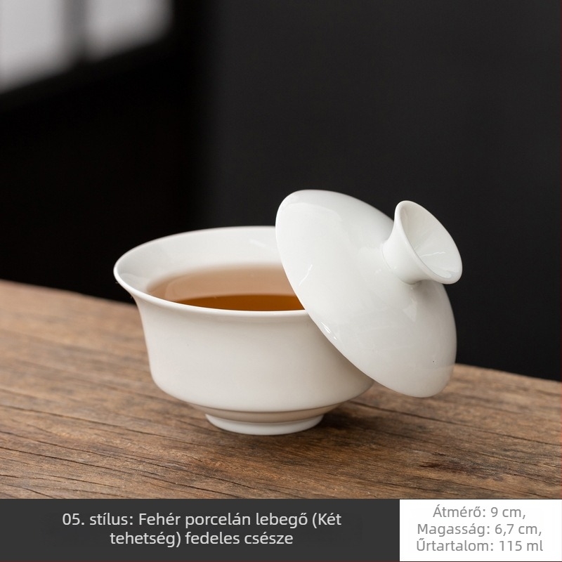 Fehér Dehua porcelánból készült fedeles teás tál, sancai glazúrral, kung fu tea szertartáshoz