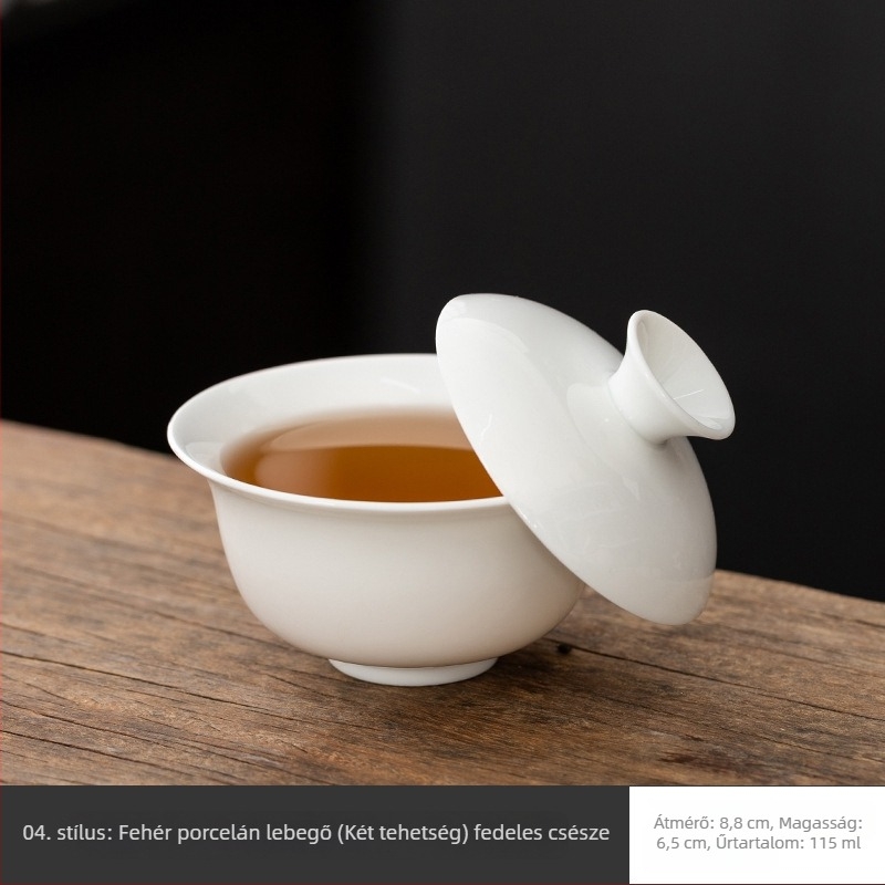Fehér Dehua porcelánból készült fedeles teás tál, sancai glazúrral, kung fu tea szertartáshoz