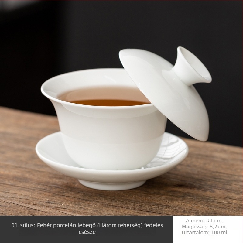 Fehér Dehua porcelánból készült fedeles teás tál, sancai glazúrral, kung fu tea szertartáshoz