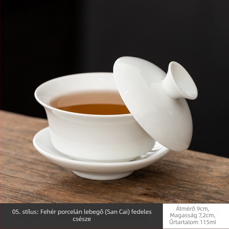 Fehér Dehua porcelánból készült fedeles teás tál, sancai glazúrral, kung fu tea szertartáshoz
