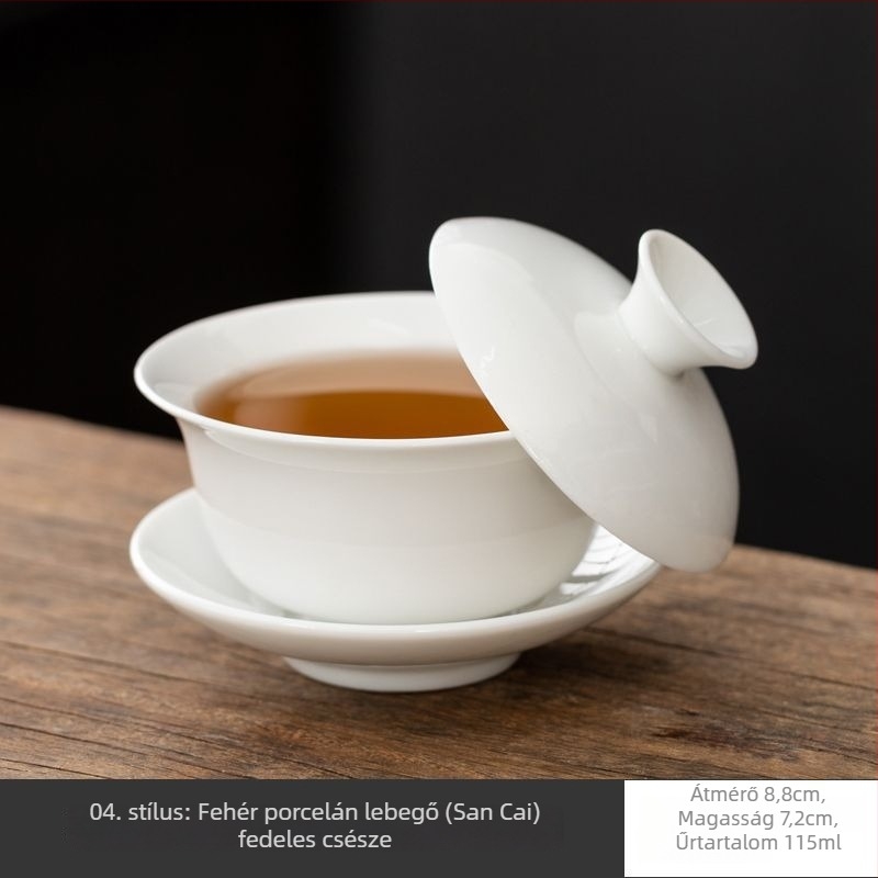 Fehér Dehua porcelánból készült fedeles teás tál, sancai glazúrral, kung fu tea szertartáshoz