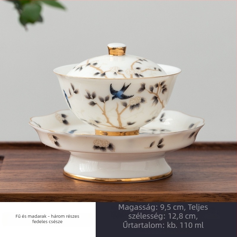 Jade-fehér porcelán teáskészlet, három részes fedeles tálakkal, kiváló minőségű kerámia Gongfu tea készlet, testreszabható üzleti ajándék