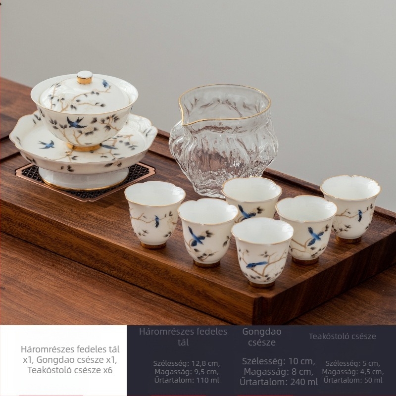 Jade-fehér porcelán teáskészlet, három részes fedeles tálakkal, kiváló minőségű kerámia Gongfu tea készlet, testreszabható üzleti ajándék
