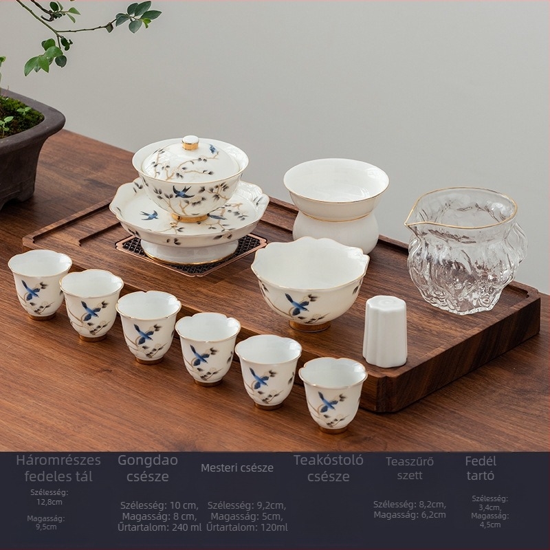 Jade-fehér porcelán teáskészlet, három részes fedeles tálakkal, kiváló minőségű kerámia Gongfu tea készlet, testreszabható üzleti ajándék