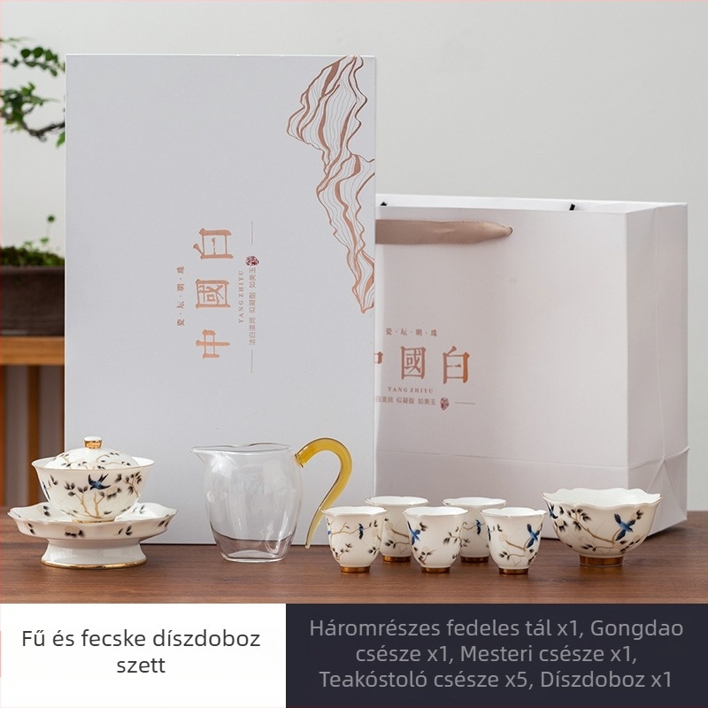 Jade-fehér porcelán teáskészlet, három részes fedeles tálakkal, kiváló minőségű kerámia Gongfu tea készlet, testreszabható üzleti ajándék