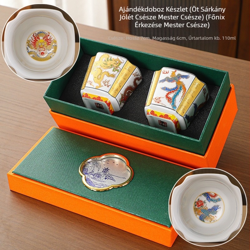 Sárkány és Főnix teáscsészék párban, porcelán ajándékcsomag, egyedi logóval, új kínai stílus