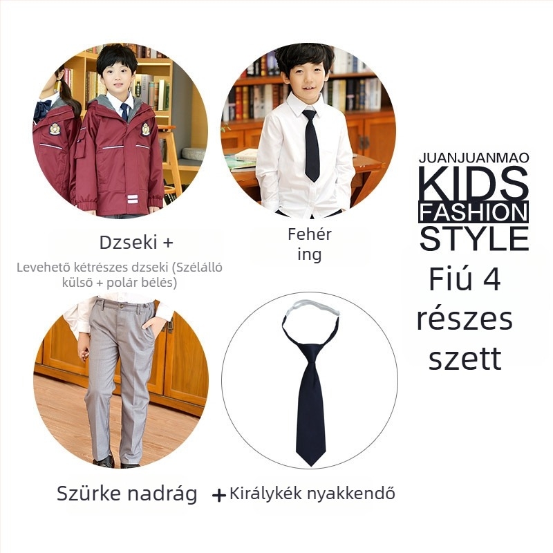 Brit kollegiális stílusú iskolai egyenruha: dzseki-nadrág készlet gyerekeknek, uniszex, őszi-téli