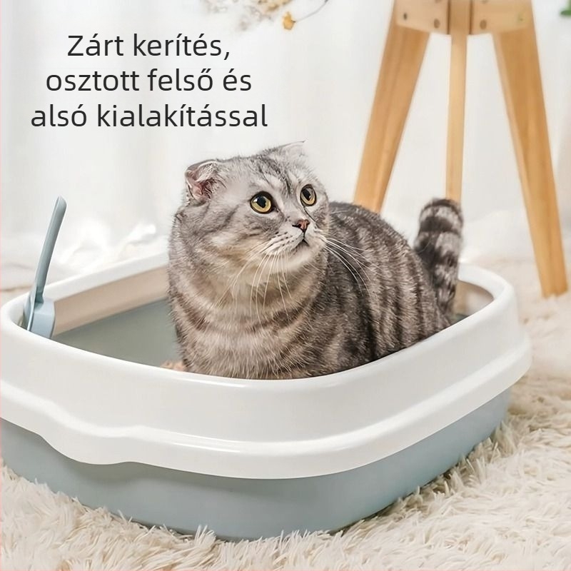 Félig zárt macskaalomtál dezodoráló rendszerrel, tartalmazza a macskahomokot, kiscicáknak