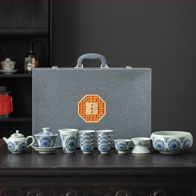 Gongfu teáskészlet antik agyagból, fedeles tálkával, teáskannával és teáscsészékkel – ajándékdoboz