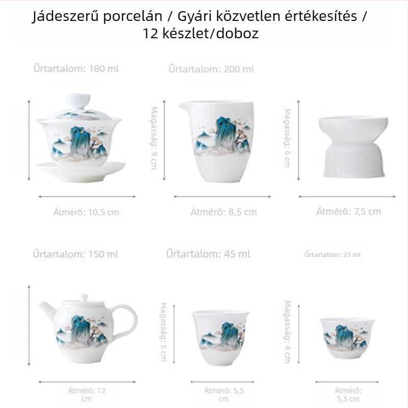 Kung Fu teáskészlet fehér jade-szerű porcelánból, teáskannával és fedeles tálkával, kerámia ajándékcsomag