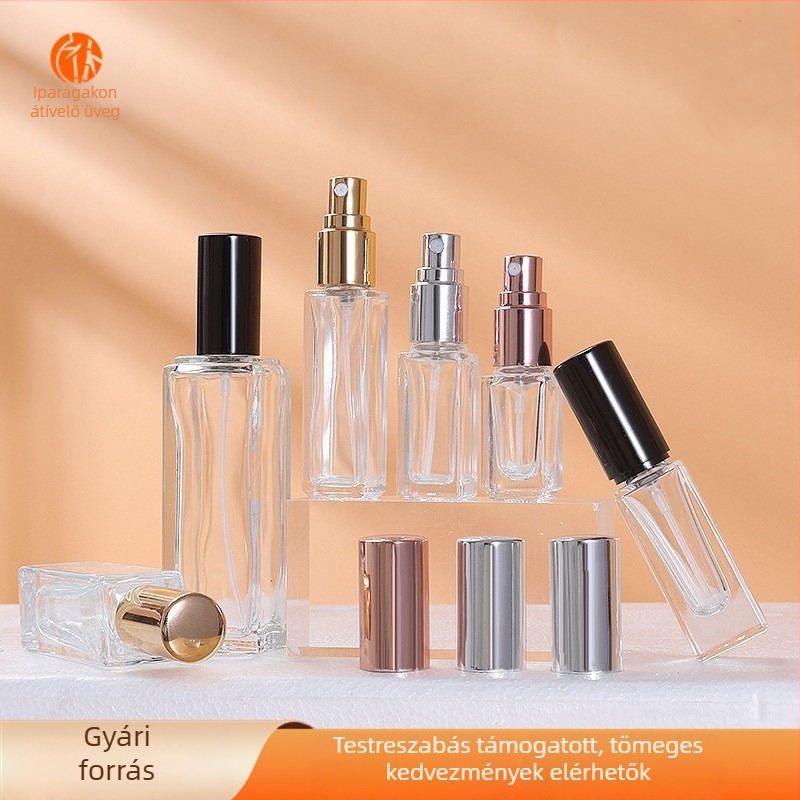 Átlátszó üvegparfümös üvegek csavaros kupakkal, különböző kapacitásokkal (3 ml, 5 ml, 10 ml, 15 ml, 18 ml, 20 ml, 30 ml), arany, ezüst, rozé arany, fényes fekete és matt fekete kupakkal