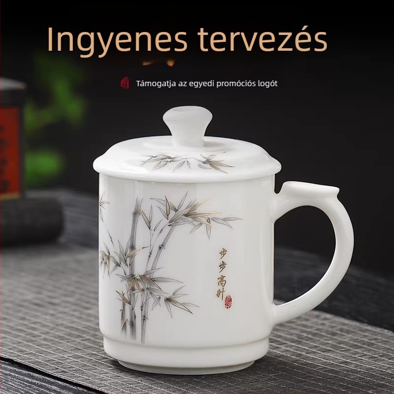 Jáde porcelán teáscsésze fedővel, nagy kapacitású, elegáns irodai találkozókhoz, testreszabható logó