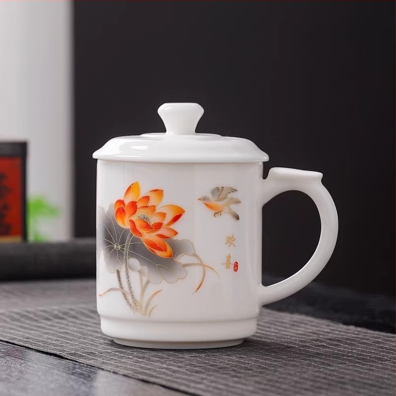 Jáde porcelán teáscsésze fedővel, nagy kapacitású, elegáns irodai találkozókhoz, testreszabható logó